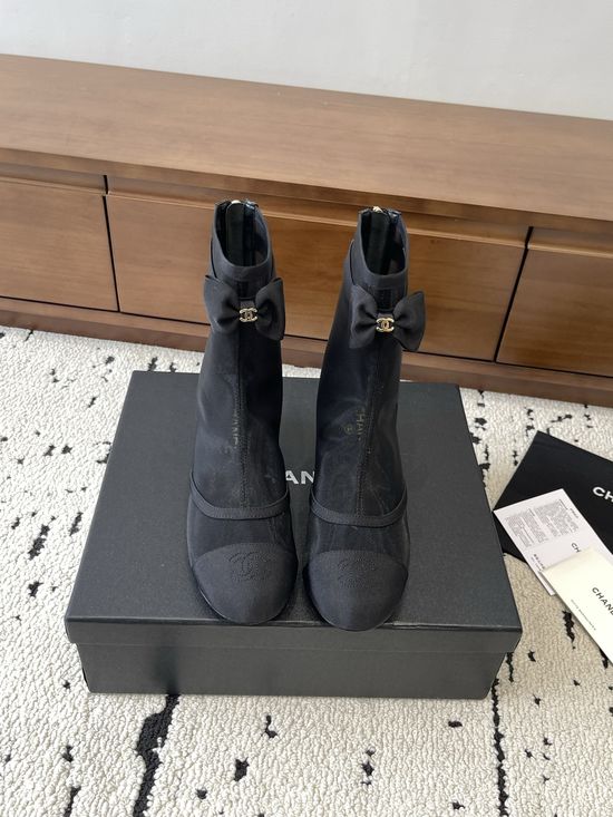 Chanel Elegant Bowknot Mesh Mid-calf Boots Comfortable Low Heel
