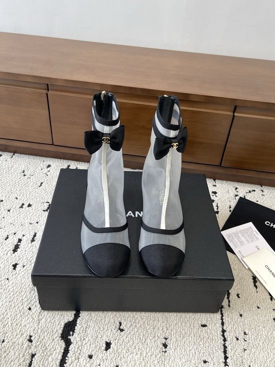 Chanel Elegant Bowknot Mesh Mid-calf Boots Comfortable Low Heel