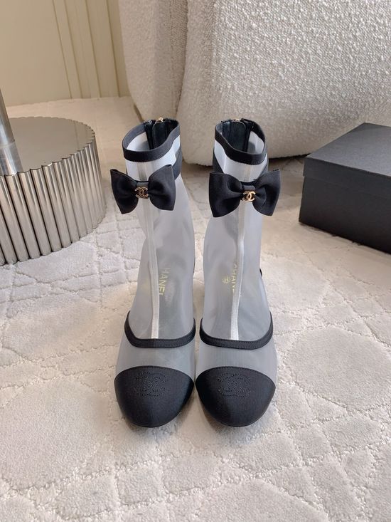 Chanel Bow Mesh Leather Ankle Boots Genuine Leather Outsole