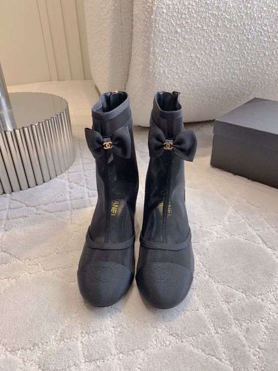 Chanel Bow Mesh Leather Ankle Boots Genuine Leather Outsole