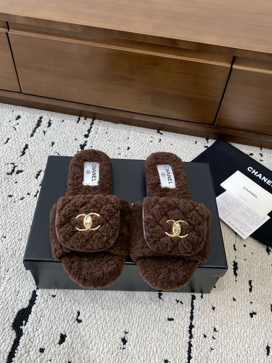 Chanel Vintage-Style Flat Mule Slippers with Fur Lining