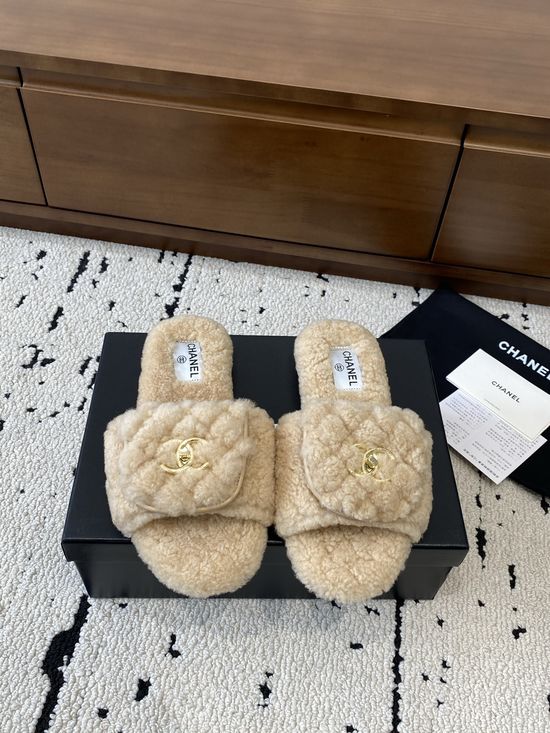 Chanel Vintage-Style Flat Mule Slippers with Fur Lining