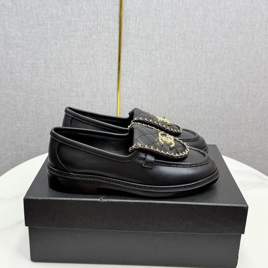 Chanel Chain Buckle Leather Loafers with Genuine Sole