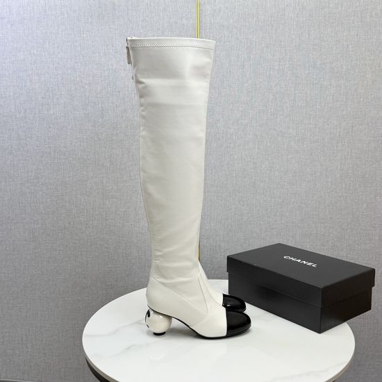 Chanel Pearl Heel Stretchy Knee High Boots Elegant Fashion Footwear