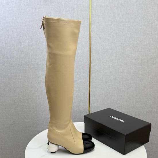 Chanel Pearl Heel Stretchy Knee High Boots Elegant Fashion Footwear