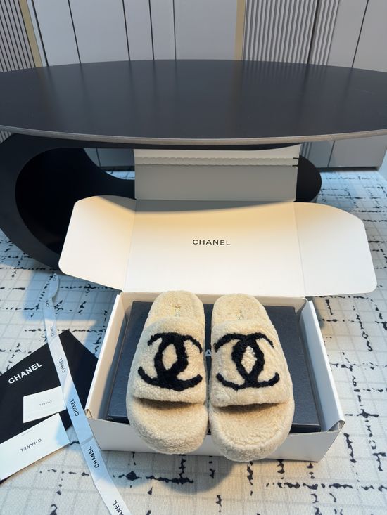 Chanel Soft Furry Slip On Slippers Warm Non Slip Sole