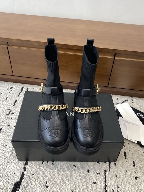 Chanel Stretchy Leather Ankle Boots with Chain and Classic Buckle Details