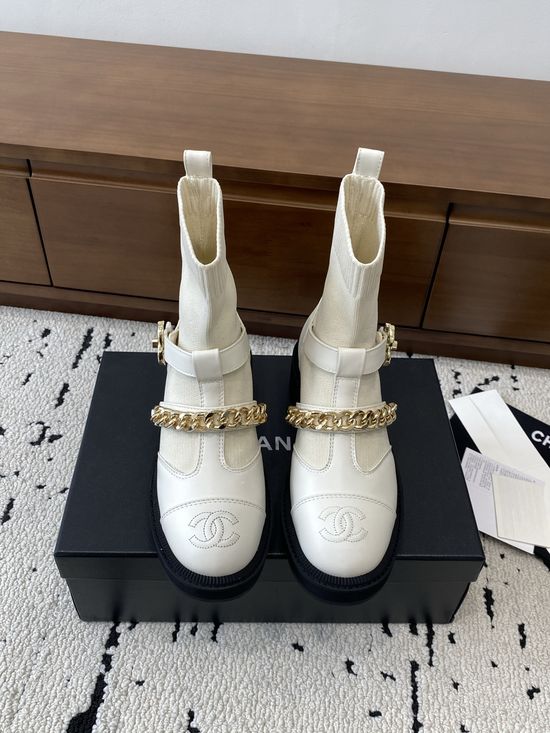 Chanel Stretchy Leather Ankle Boots with Chain and Classic Buckle Details