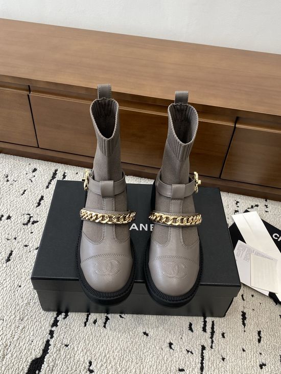 Chanel Stretchy Leather Ankle Boots with Chain and Classic Buckle Details