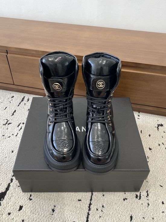 Chanel Quilted Genuine Leather Platform Ankle Boots With Lace Up