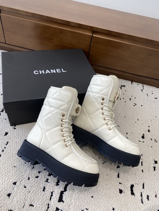Chanel Quilted Genuine Leather Platform Ankle Boots With Lace Up