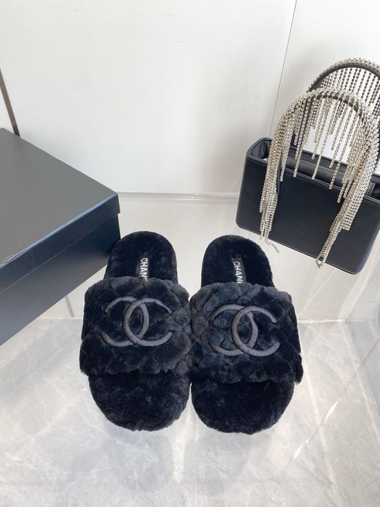 Chanel Embroidered Wool Slippers Non-slip Warm Comfortable House Shoes