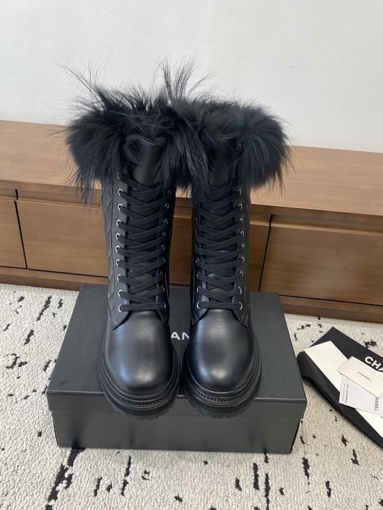 Chanel Genuine Leather Platform Mid Calf Boots With Mink Trim