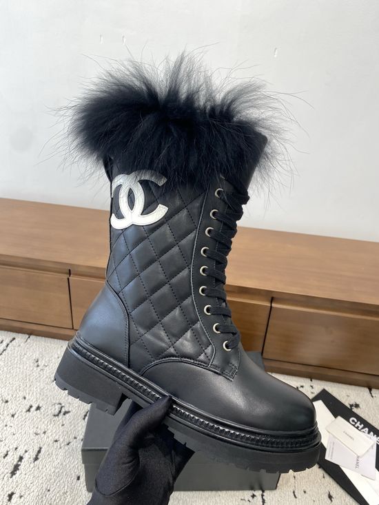 Chanel Genuine Leather Platform Mid Calf Boots With Mink Trim