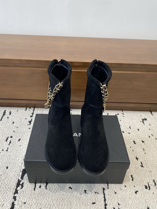 Chanel Cowhide Mid-calf Boots With Chain Decor Casual Comfort Boots