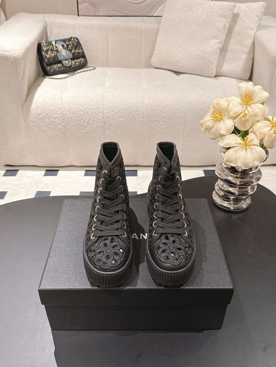Chanel Convertible Hollow Out Boots Wool Lining Embroidered Pattern Anti-slip Sole