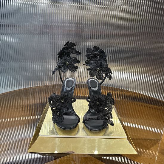 Rene Caovilla Elegant Snake-Chain Diamond Flower High Heels