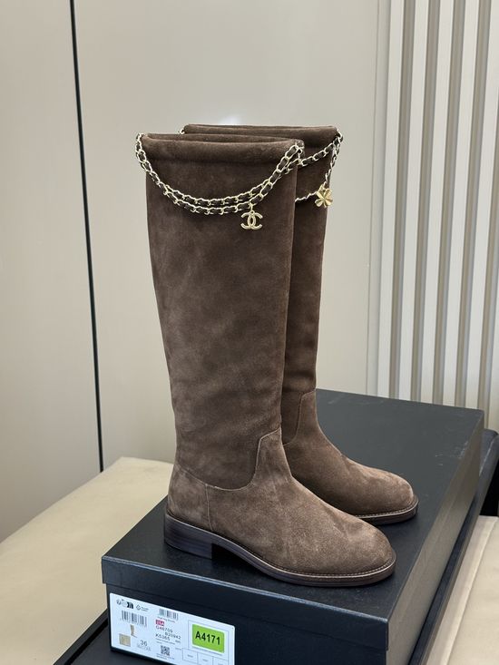 Chanel Stylish Chain Decorated Leather Ankle Boots