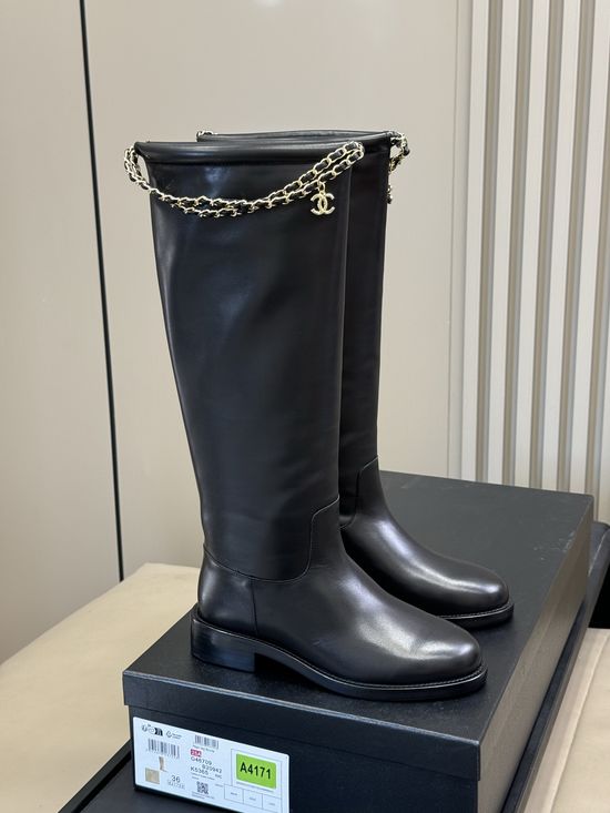 Chanel Stylish Chain Decorated Leather Ankle Boots
