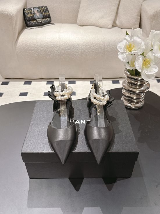 Chanel Elegant Pointed Toe Pearl Decor Leather Dress Shoes