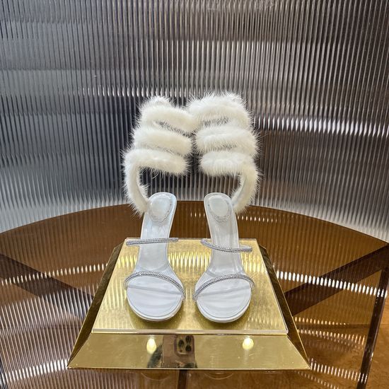 Rene Caovilla Mink Fur Rhinestone Decor Leather Sole Heels