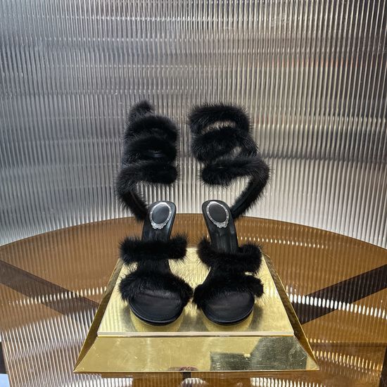Rene Caovilla Mink Fur Crystal Embellished Leather Sole Heels
