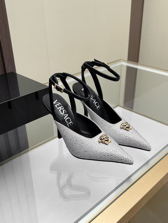 Versace Suede Rhinestone Embellished Slingback Stiletto Sandals