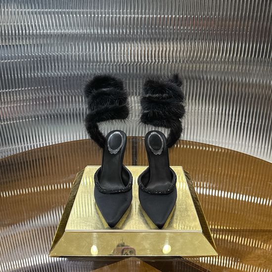 Rene Caovilla Mink Fur Wrap Leather Sole Elegant High Heels