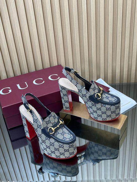 Gucci Monogram Canvas Block Heel Slingback Loafers with Buckle