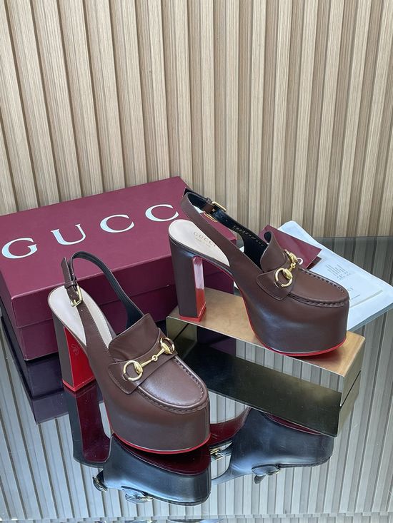Gucci Embossed Leather Block Heel Slingback Loafers with Buckle