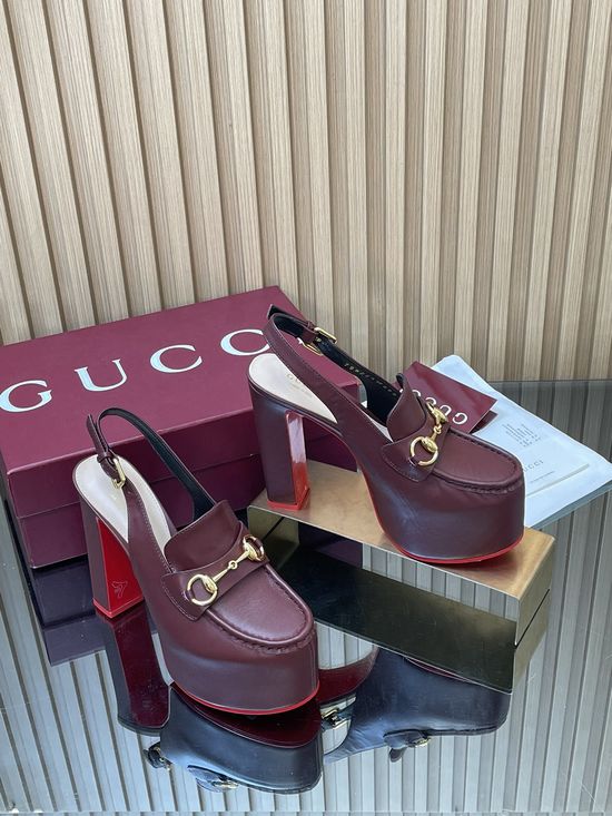 Gucci Embossed Leather Block Heel Slingback Loafers with Buckle