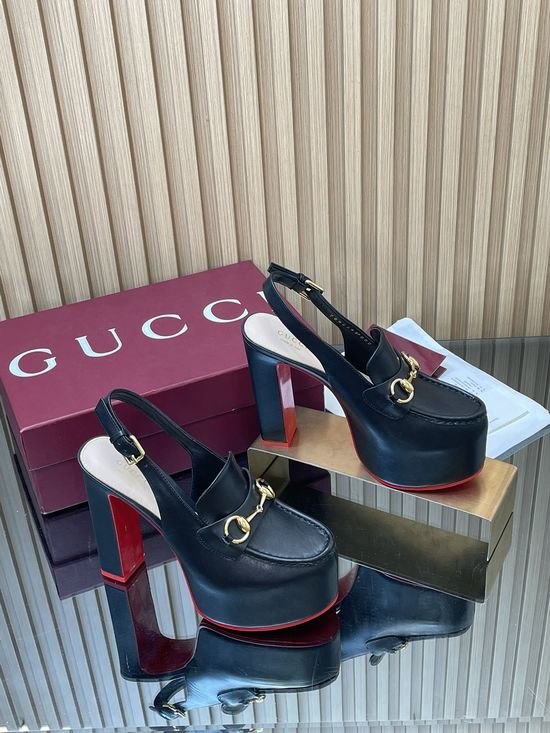 Gucci Embossed Leather Block Heel Slingback Loafers with Buckle