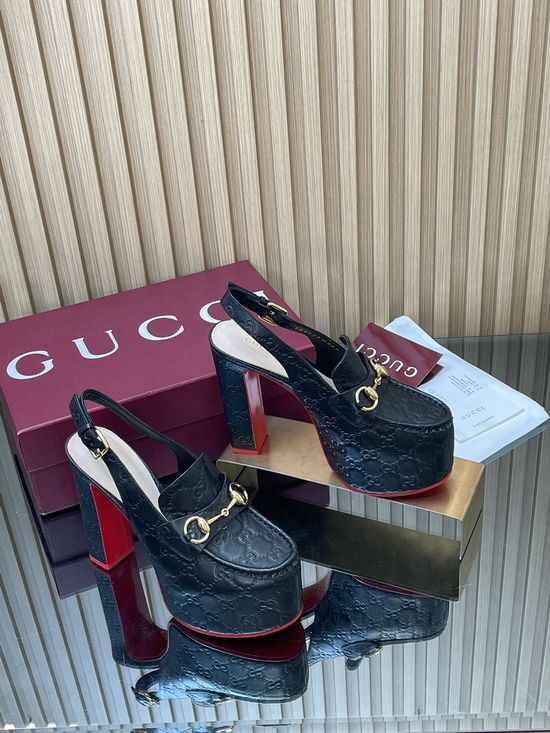 Gucci Embossed Leather Block Heel Slingback Loafers with Buckle