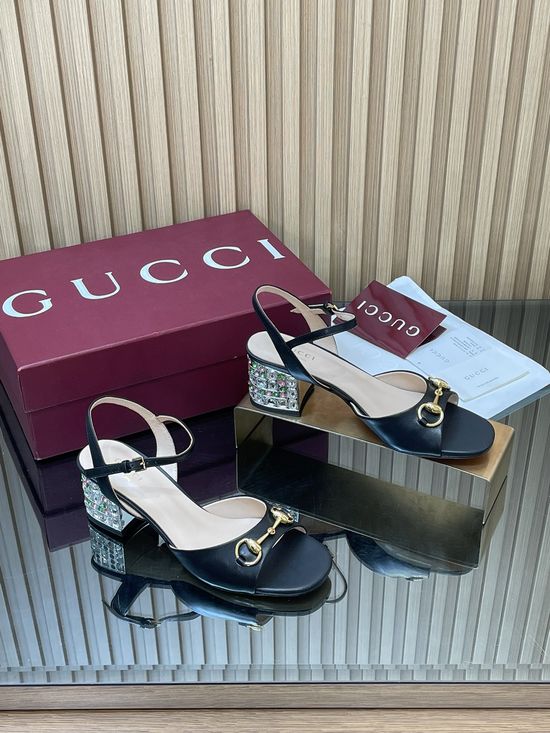 Gucci Crystal Heel Buckle Slingback Pumps with Leather Upper