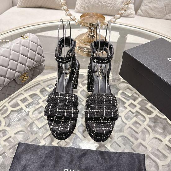 Chanel Elegant High Heel Platform Leather Upper Dress Sandals