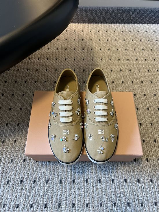 Miu Miu Rhinestone Embroidered Square Toe Casual Canvas Shoes