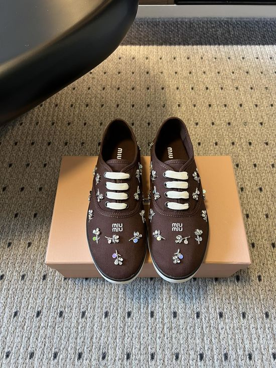 Miu Miu Rhinestone Embroidered Square Toe Casual Canvas Shoes