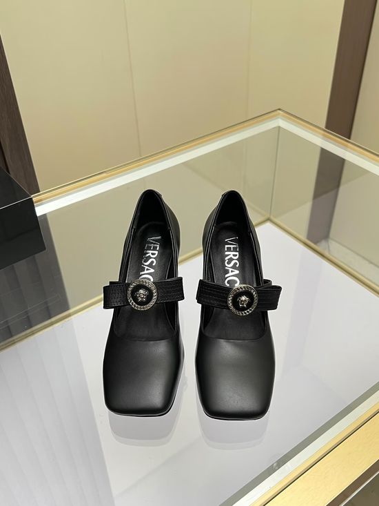 Versace Elegant Square Toe Leather Block Heel Pumps