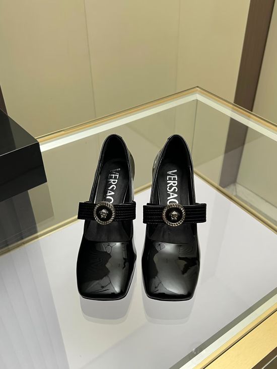 Versace Elegant Square Toe Leather Block Heel Pumps
