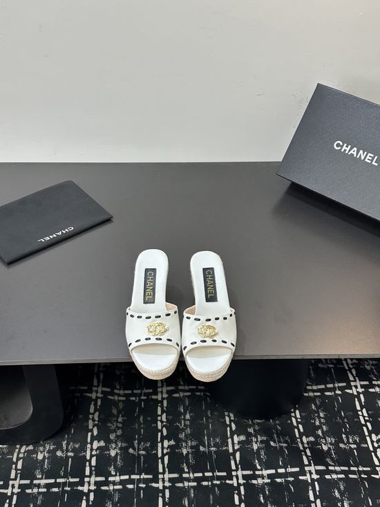 Chanel Cowhide Espadrille Platform Wedge Slip On Sandals