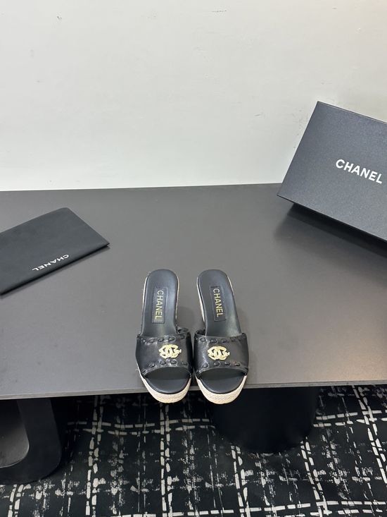 Chanel Cowhide Espadrille Platform Wedge Slip On Sandals