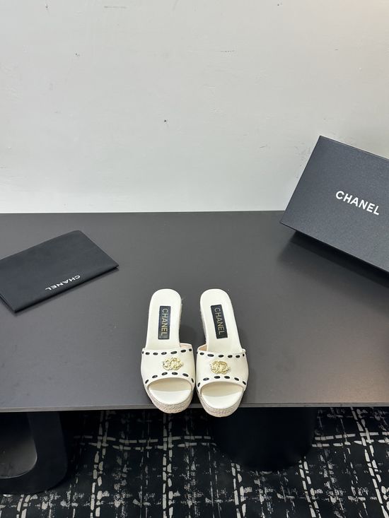 Chanel Cowhide Espadrille Platform Wedge Slip On Sandals