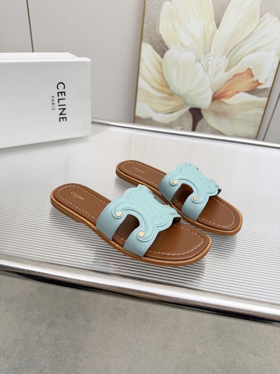 Celine Embossed Logo Cowhide Half Slippers Sheepskin Lining