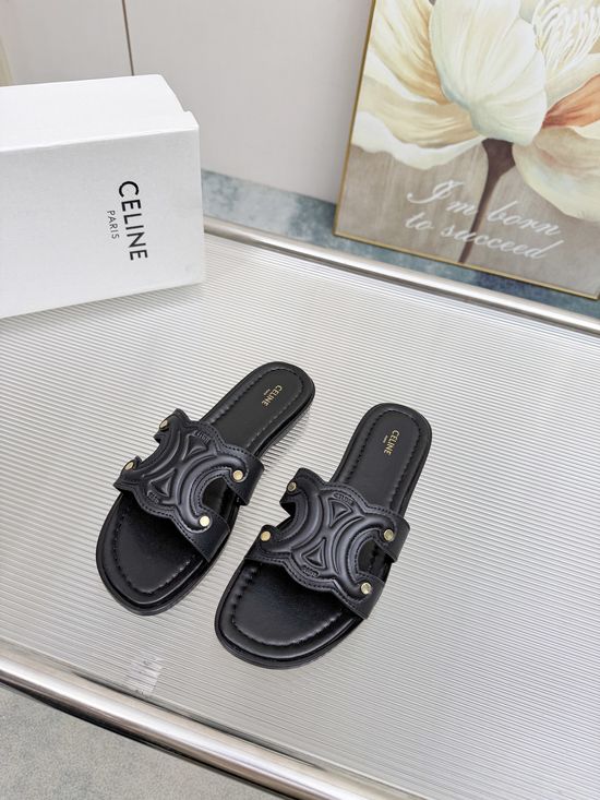 Celine Embossed Logo Cowhide Half Slippers Sheepskin Lining