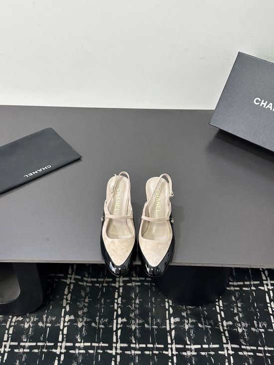 Chanel Color Block Pointed Toe Mid Heel Dress Sandals