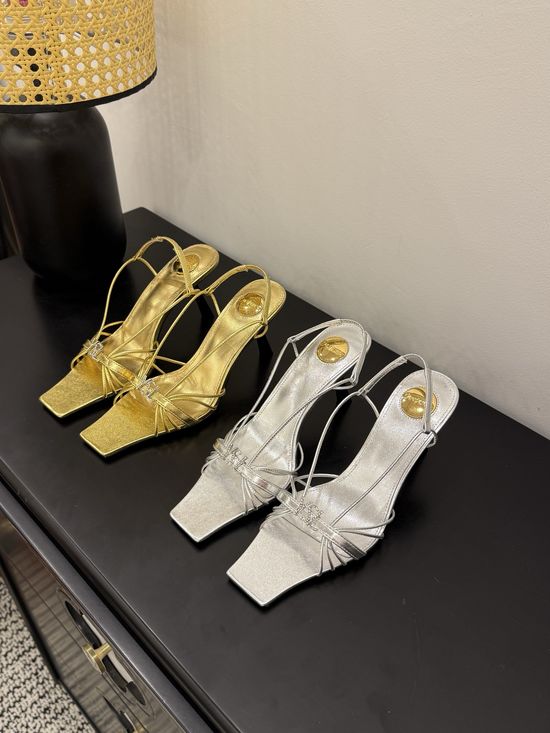 Yves Saint Laurent Square Toe Silk Upper Heeled Sandals With Decorative Heel