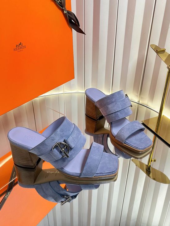 Hermes Classic Buckle Decor Block Heel Leather Slides