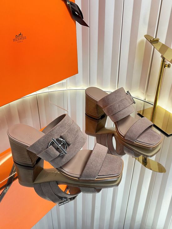 Hermes Classic Buckle Decor Block Heel Leather Slides
