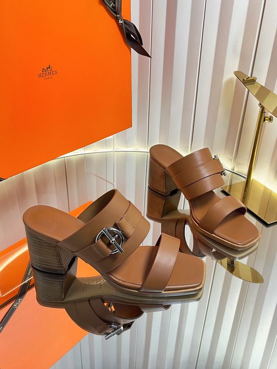 Hermes Classic Buckle Decor Block Heel Leather Slides