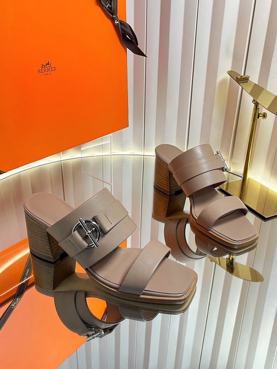Hermes Classic Buckle Decor Block Heel Leather Slides